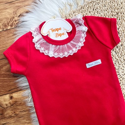 Conj. de Malha 3 peças - Borboletas com Poá - Vermelho e Off White